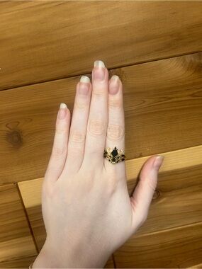 Gold Crown-Style Ring with Black Enamel Accent